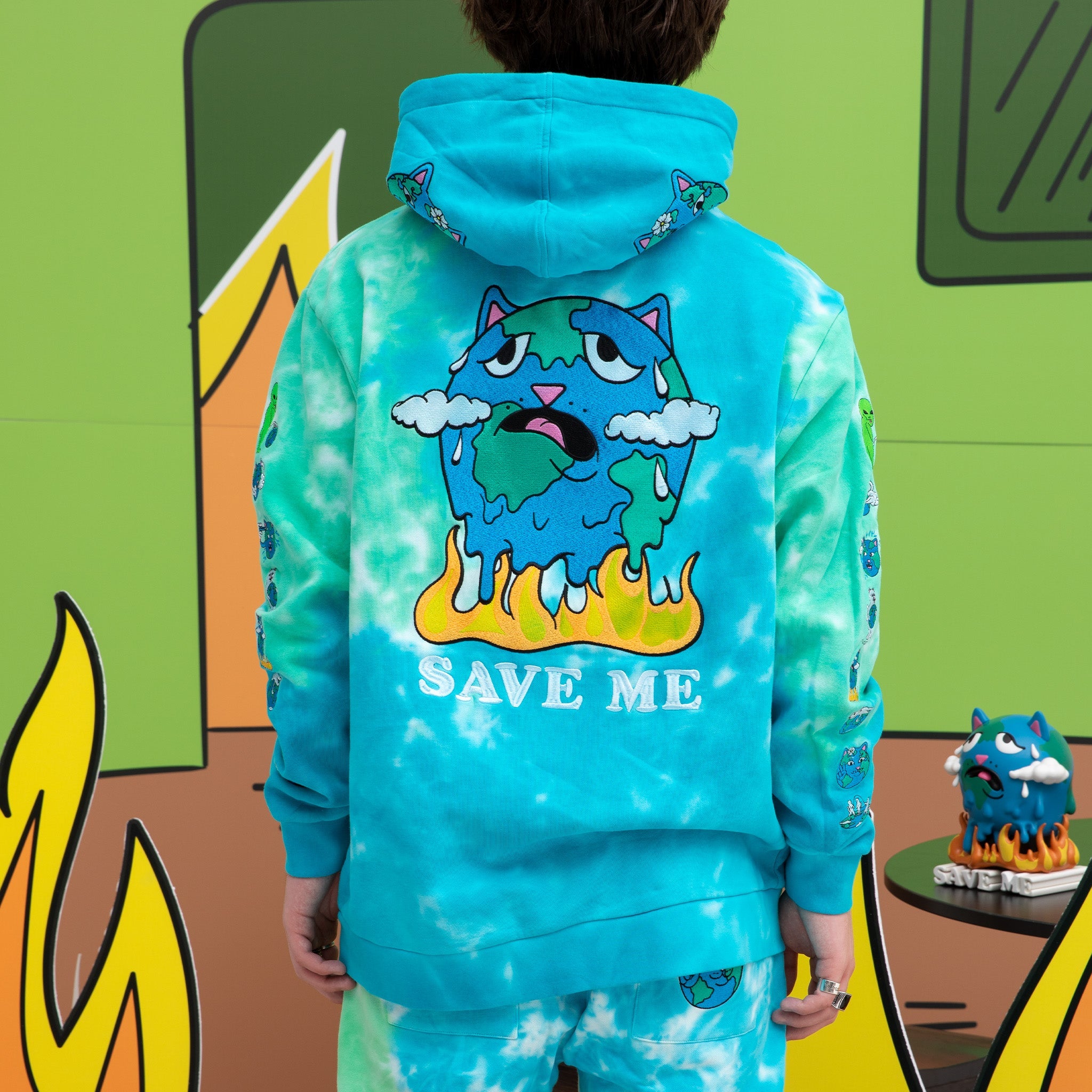 347215 Save the World Embroidered Hoodie (Aqua/Green Tie Dye)