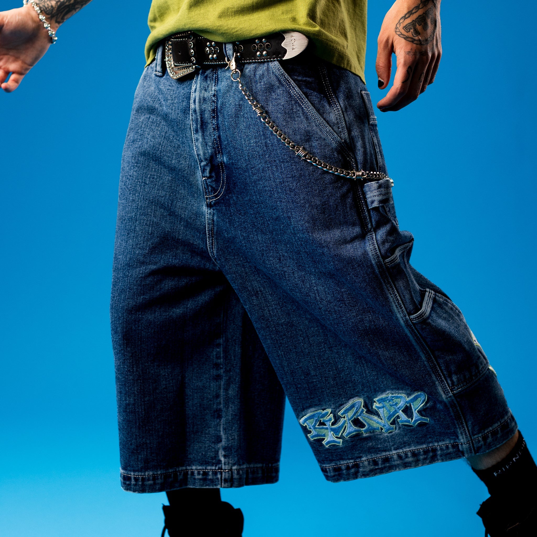 RIPNDIP Ace Ultra Wide Leg Shorts (Medium Wash)