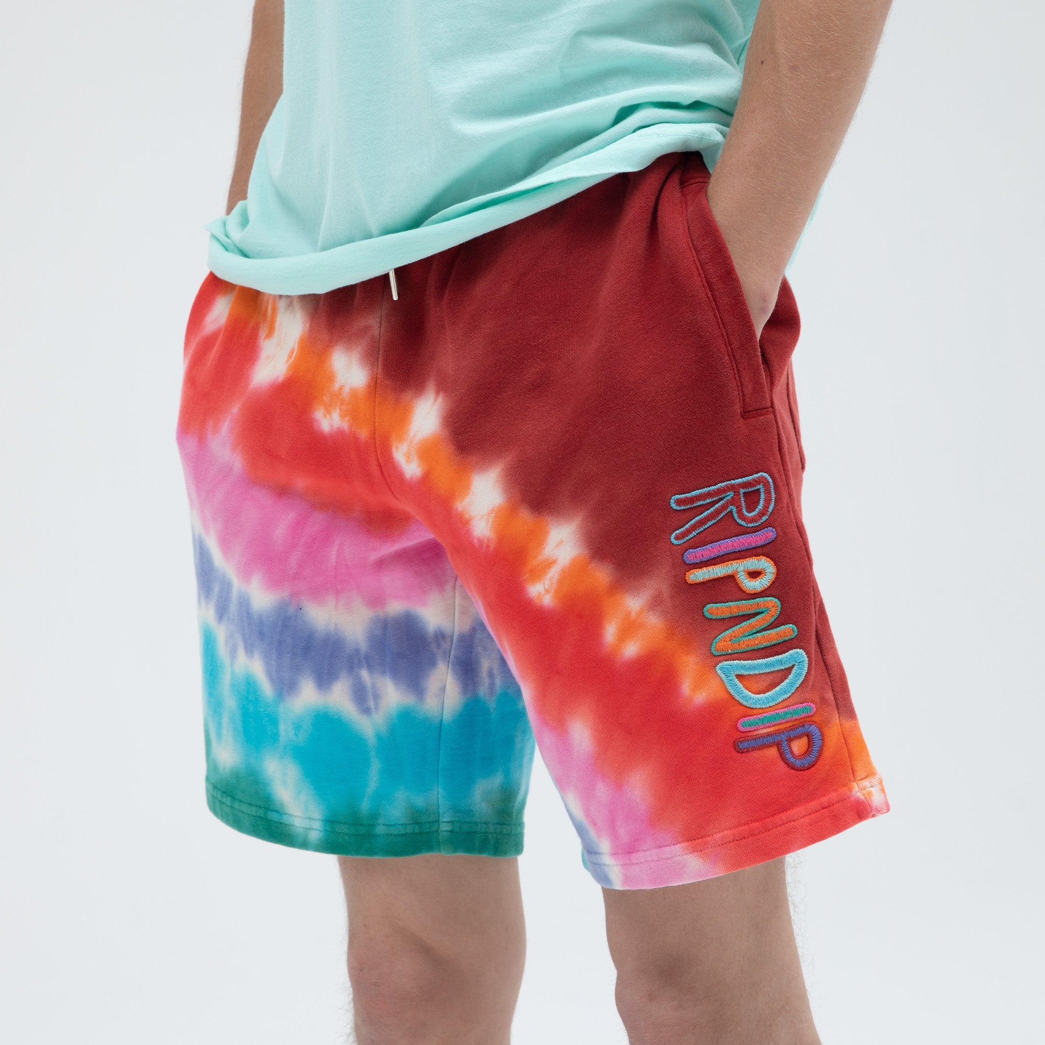 RIPNDIP OG Prisma Embroidered Sweatshorts (Red Tie Dye)