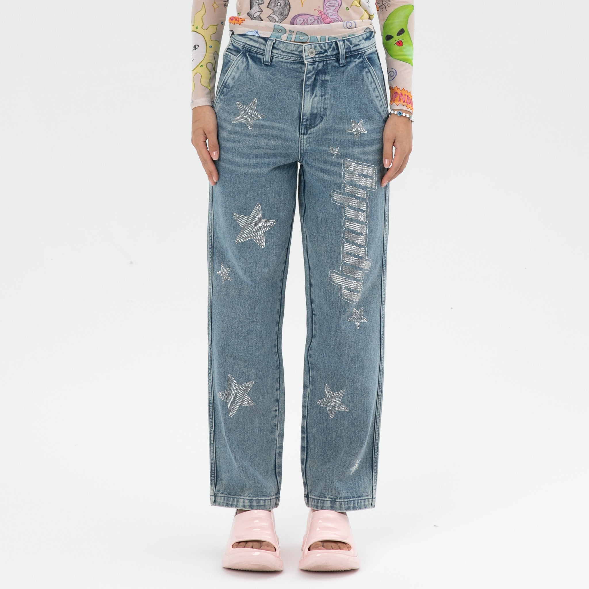 RIPNDIP Kawaii Nerm Womens Wide Leg Pants (Medium Wash)