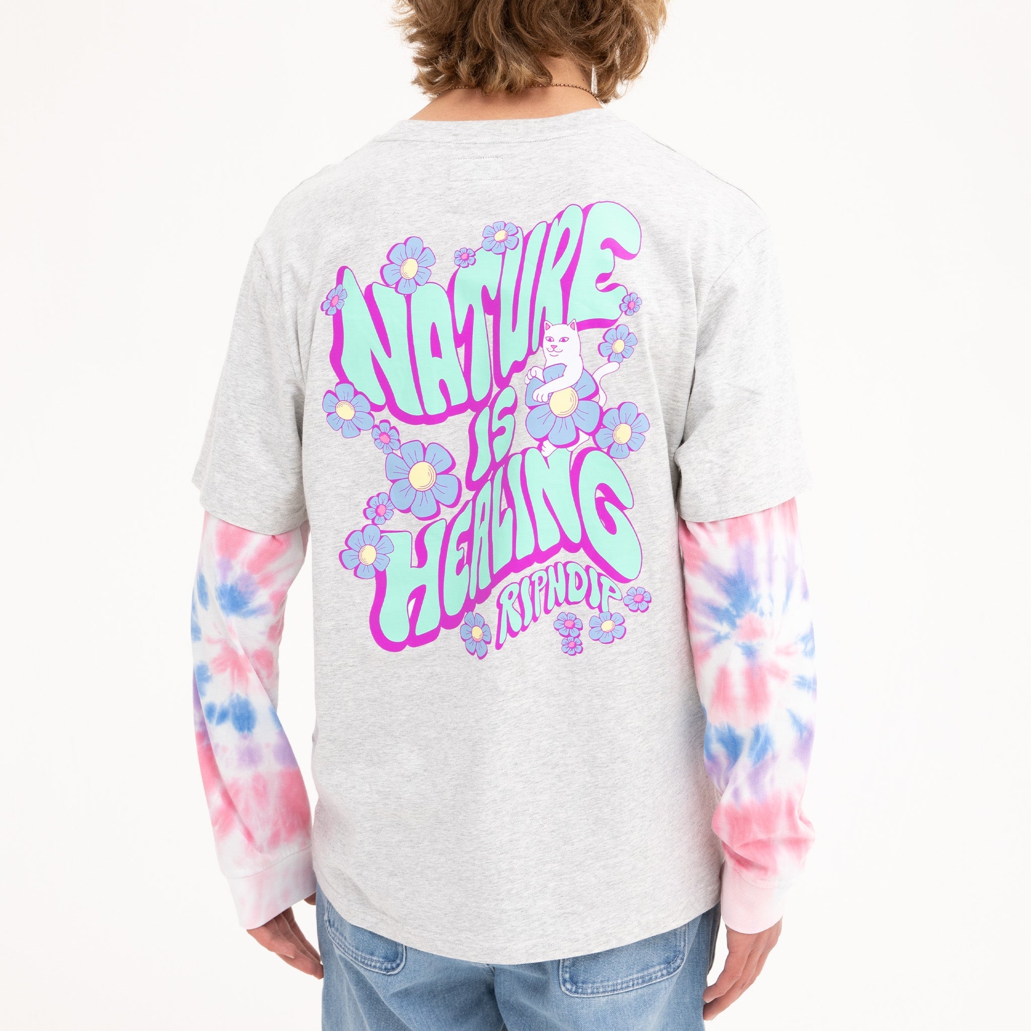 RIPNDIP Nature Is Healing Double Sleeve Tee (Ash Heather/Pink)