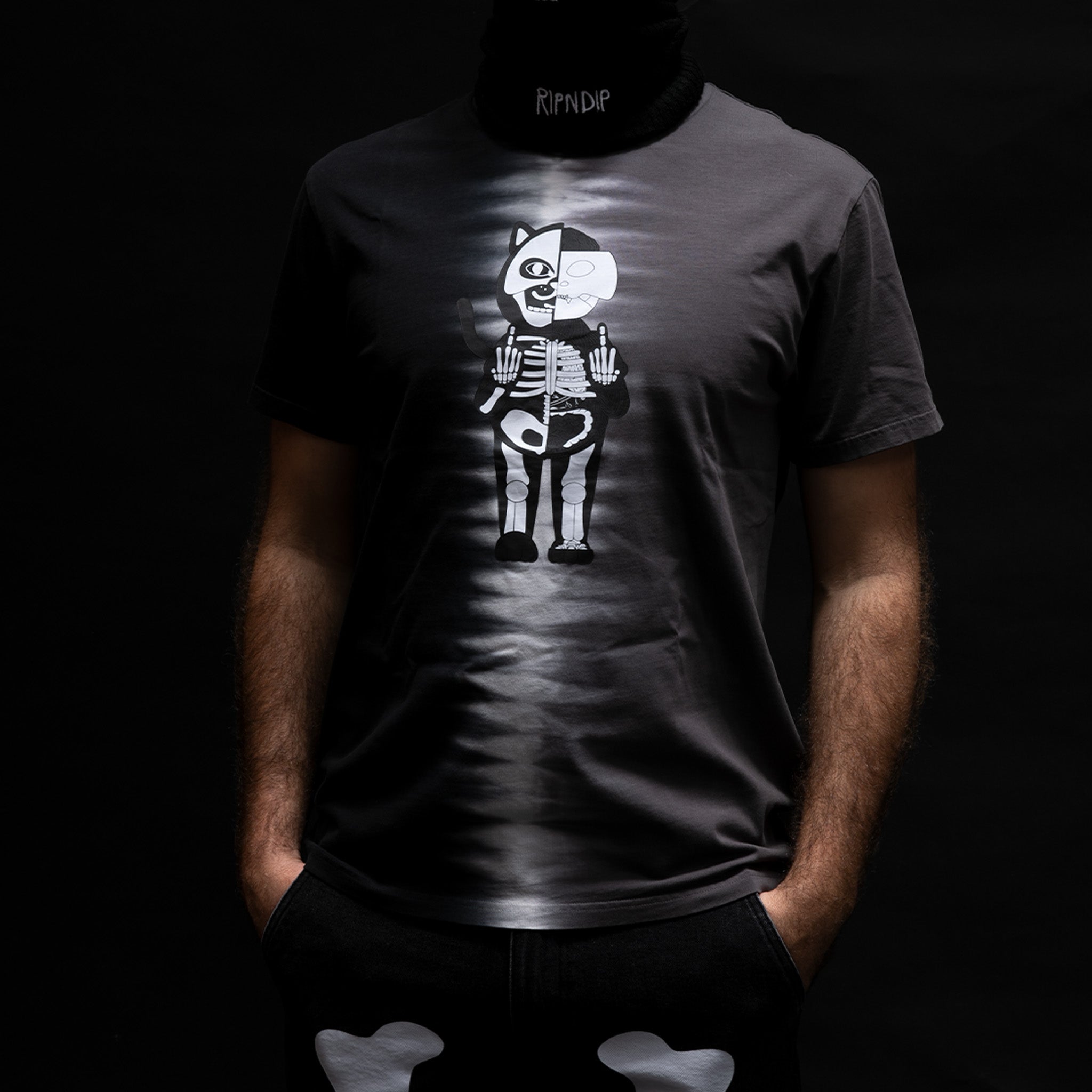 RIPNDIP Skelly Anatomy Split Tie Dye Tee (Black/Charcoal Split Tie Dye)