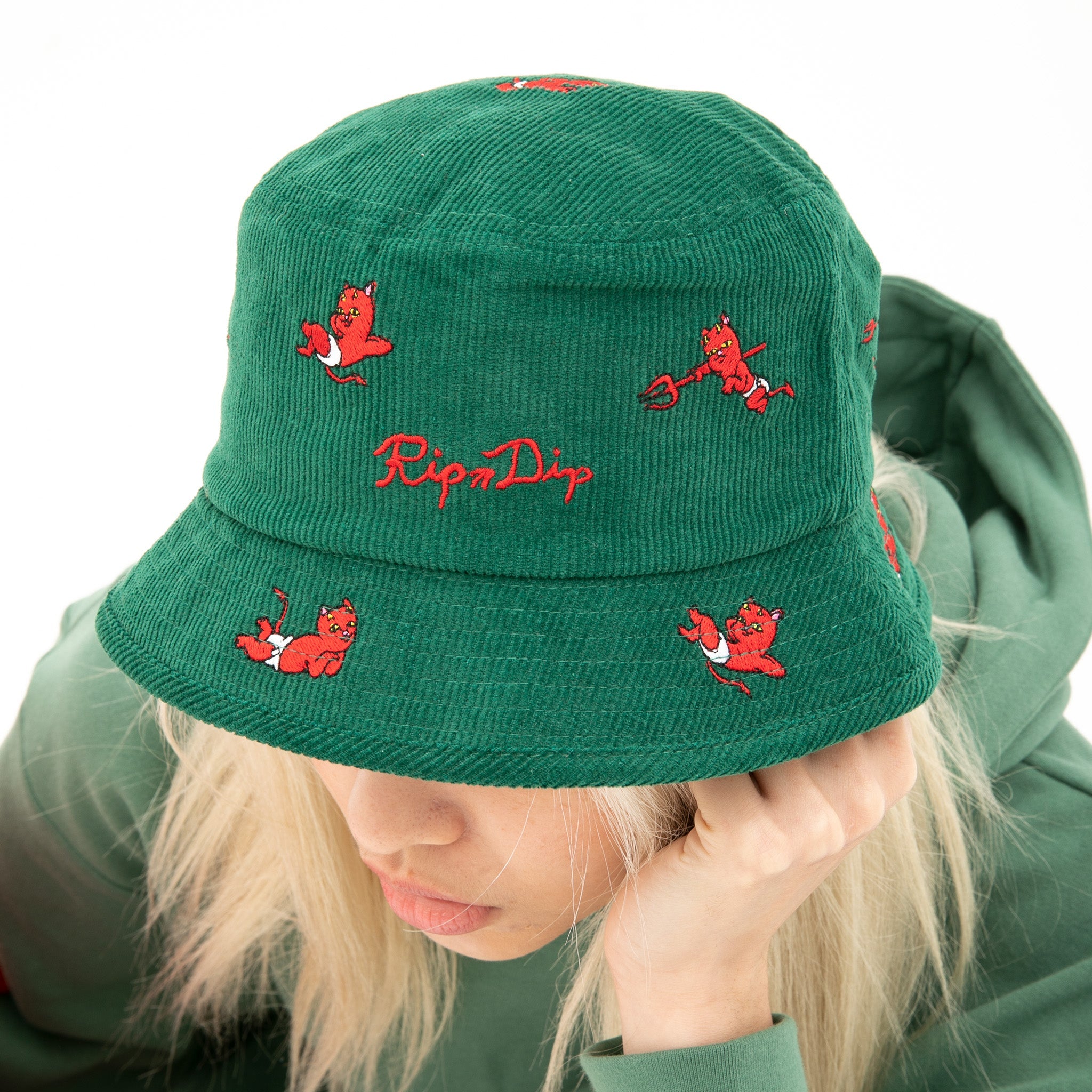 RIPNDIP Devil Babies Corduroy Bucket Hat (Dark Sage)
