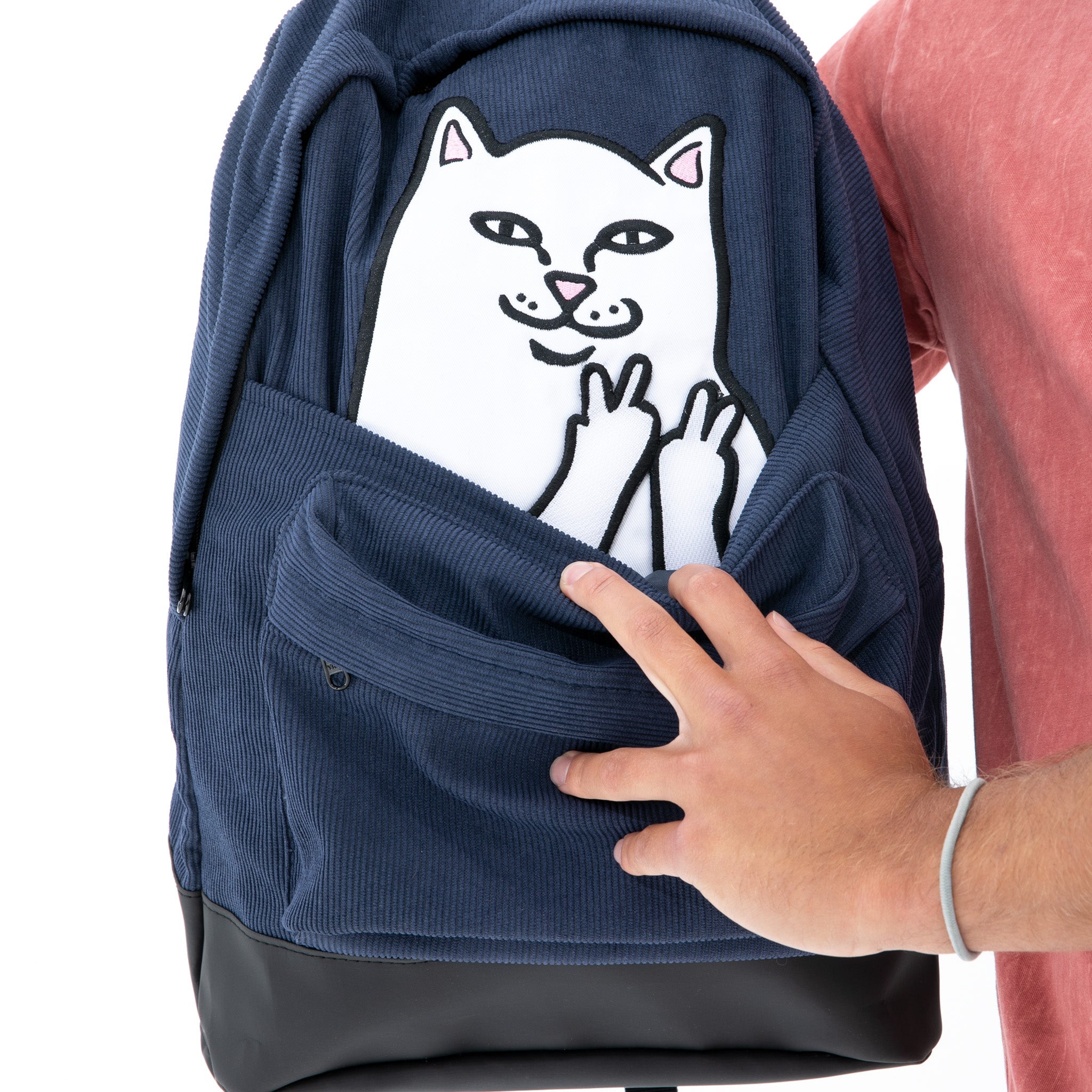 RIPNDIP Lord Nermal Velcro Hands Corduroy Backpack (Navy)