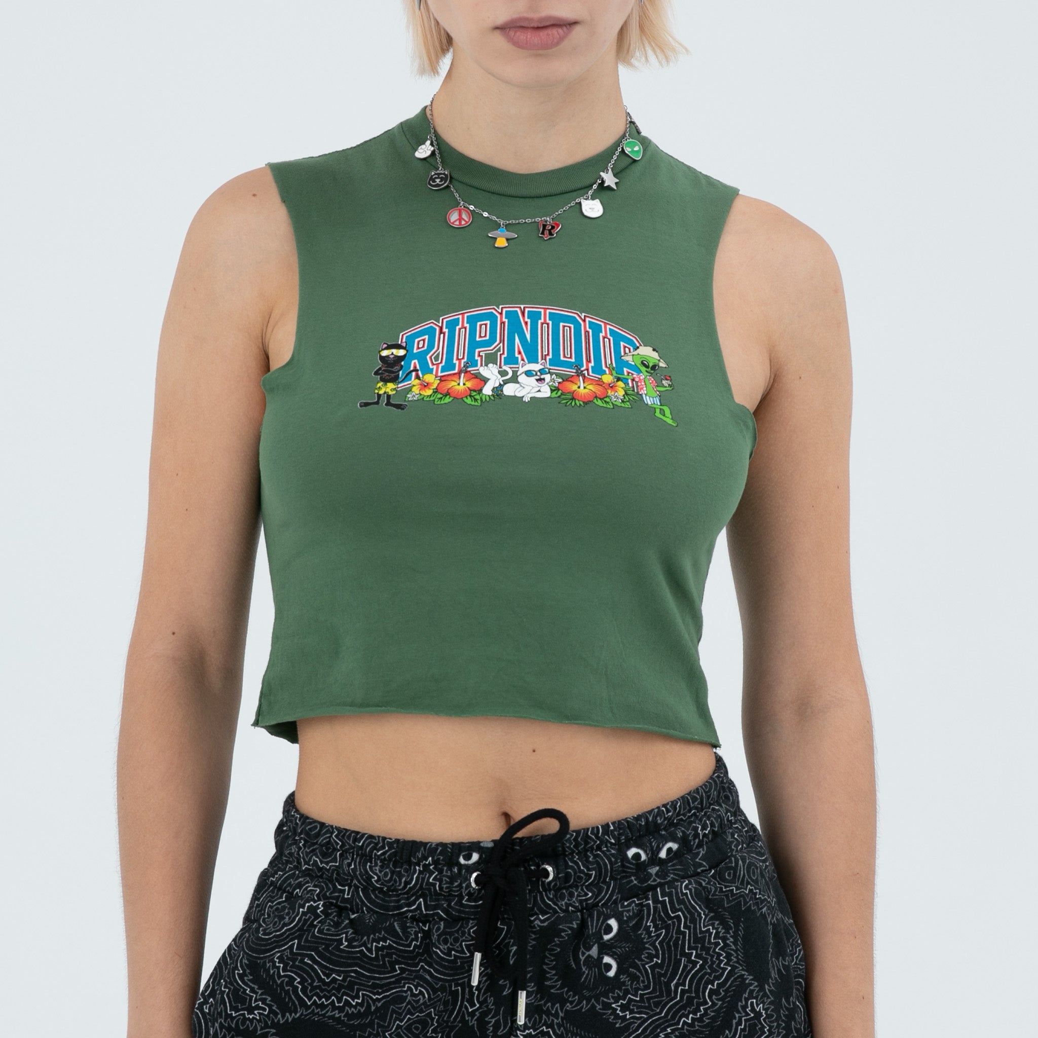 RIPNDIP Summer Friends Cropped Tank (Olive)