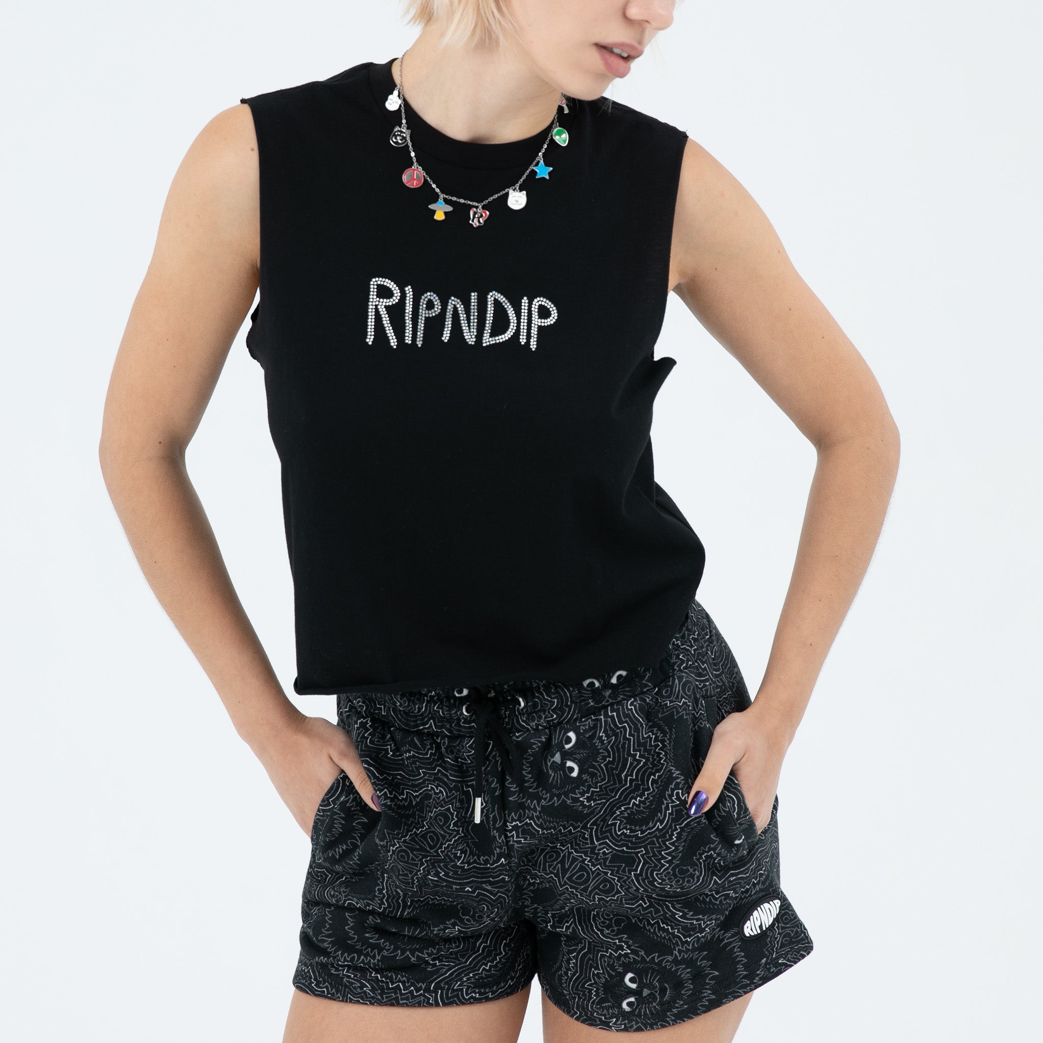 RIPNDIP OG RIPNDIP Cropped Rhinestone Tank (Black)